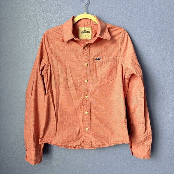 Mens Hollister Button Up Shirt Red/Pink Solid Long Sleeve 100% Cotton 00s Preppy - Picture 1 of 7